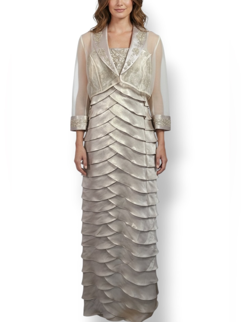Alex Evenings Beaded Tiered Maxi Gown & Sheer Bolero Jacket Champagne 10P - Picture 2 of 15